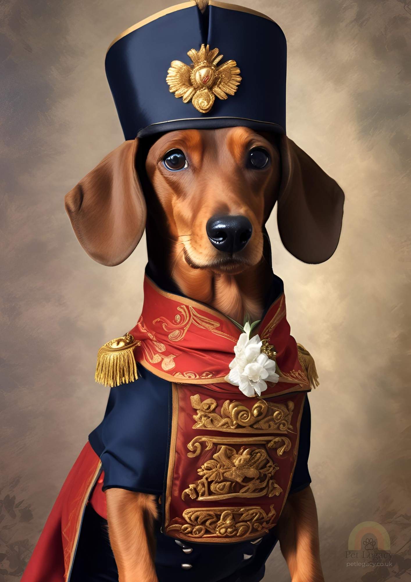 A dachshund dressed in ornate Napoleonic military attire, featuring a navy coat with gold embroidery and a tall hat, styled as a historic royal pet portrait.