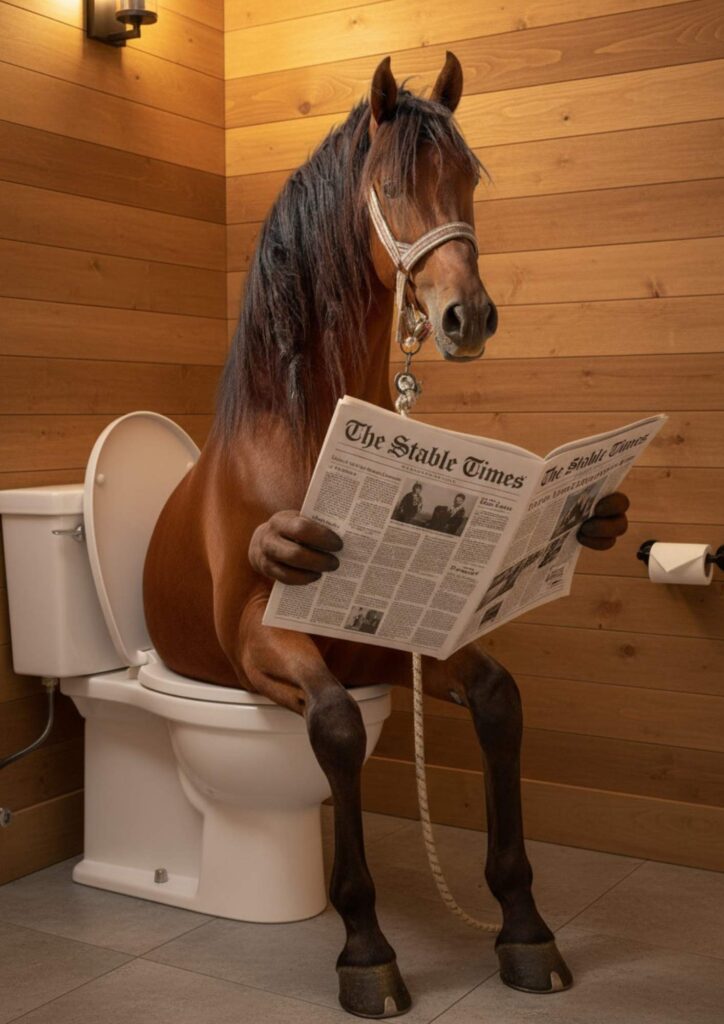 Horse sitting on a toilet in a wooden bathroom, reading a newspaper.