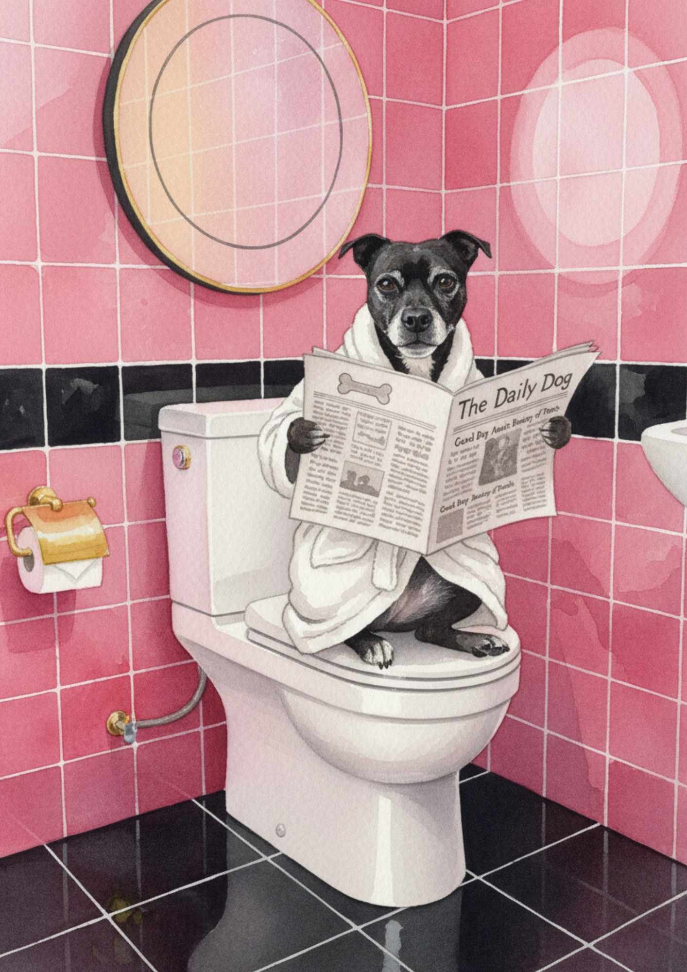 Dog sitting on a toilet in a glamorous pink bathroom with black accents.