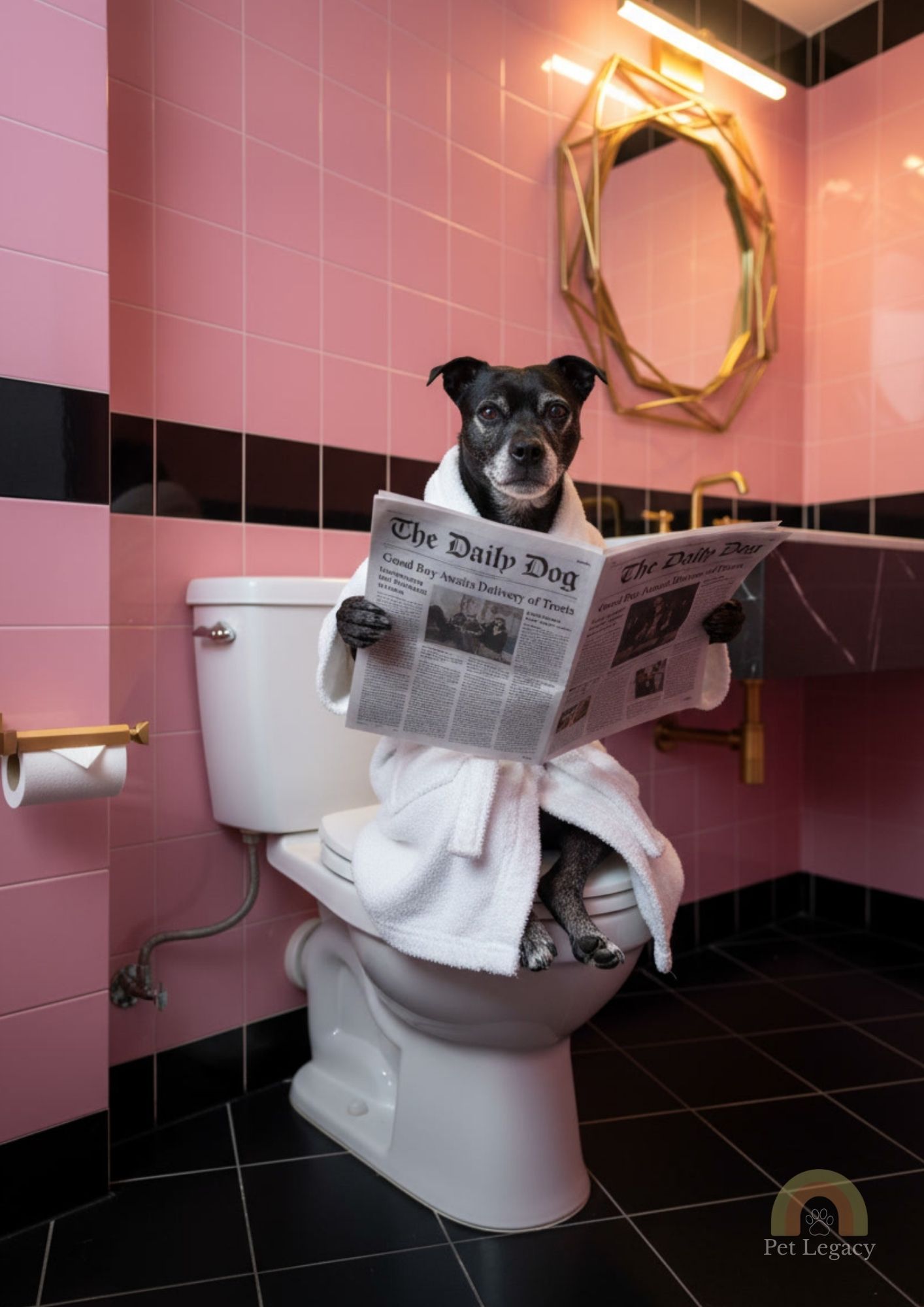 Dog reading a newspaper while sitting on a toilet in a pink and black bathroom.