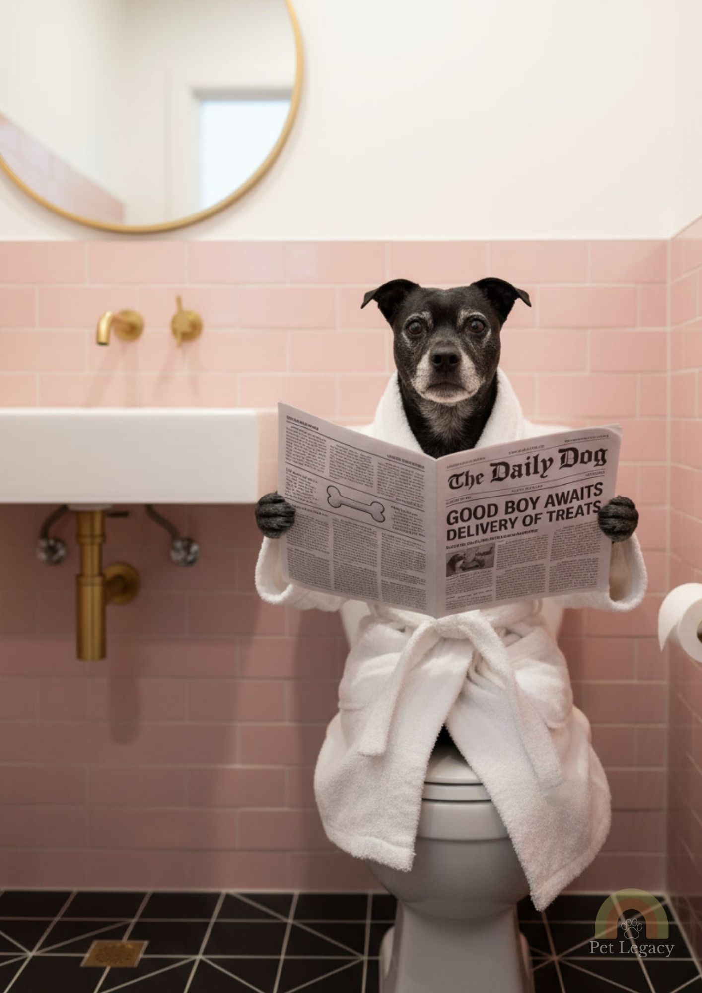 Dog in a robe reading a newspaper while sitting on a toilet in a pastel pink bathroom.