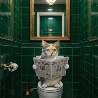 Cat sitting on multiple stacked toilet rolls in a luxury green-tiled bathroom.