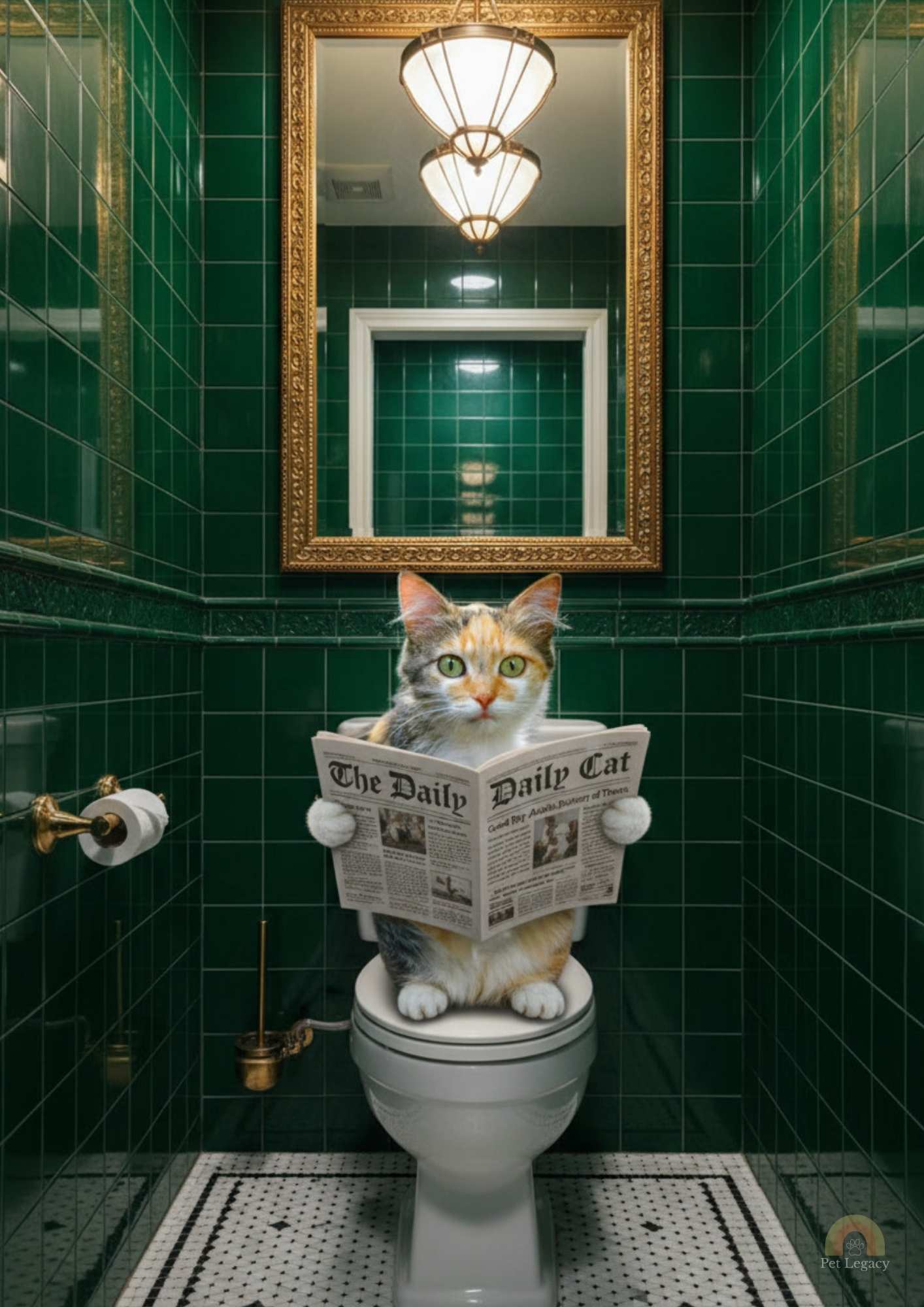 Cat sitting on multiple stacked toilet rolls in a luxury green-tiled bathroom.
