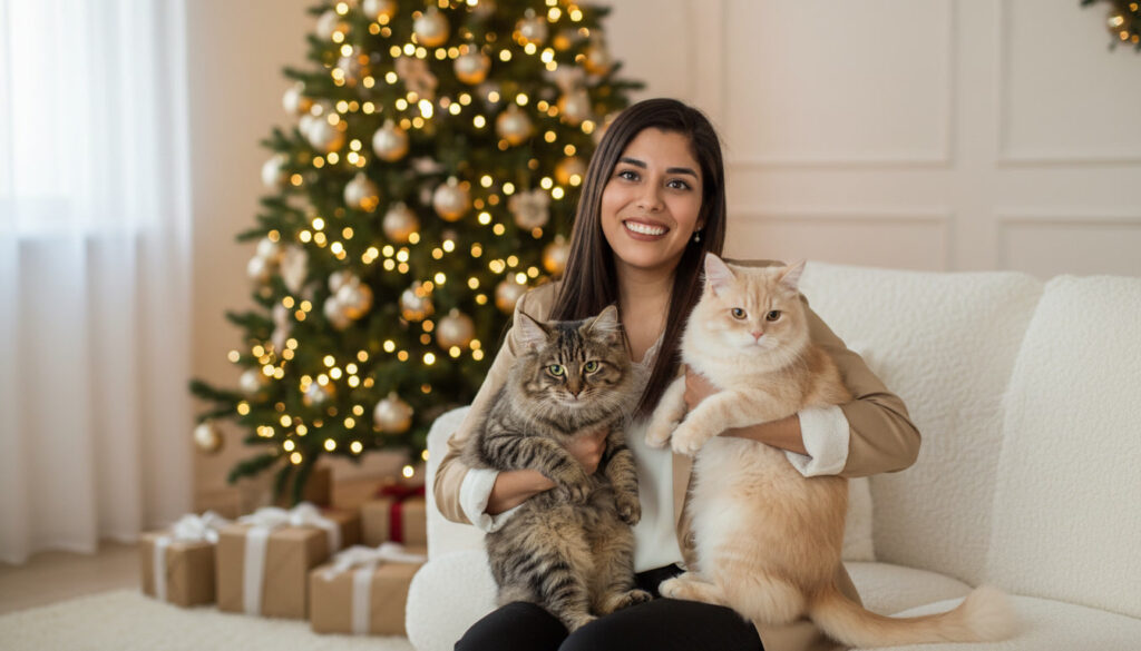 Forever Together pet portrait of a woman holding two cats on a sofa in front of a Christmas tree