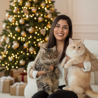 Forever Together pet portrait of a woman holding two cats on a sofa in front of a Christmas tree