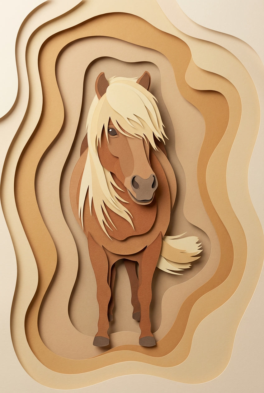 Paper-cut layered portrait of a chestnut pony with a blonde mane on warm neutral contour layers