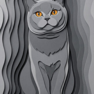 Paper-cut layered portrait of a grey cat with amber eyes in monochrome grey contour layers