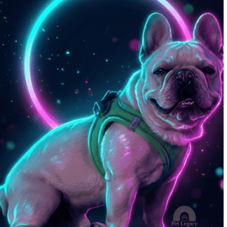Neon Cyber Glow pet portrait of a cream French bulldog with cyan and magenta neon lighting and a glowing halo ring on a dark background.
