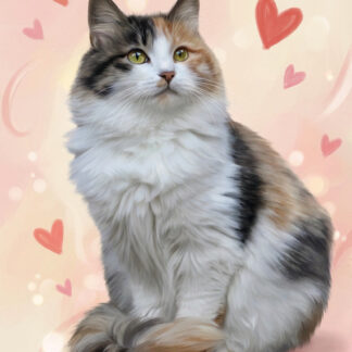Valentine’s Day digital pet portrait of a long-haired calico cat with soft pastel background