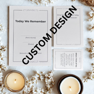 Custom personalised pet loss remembrance kit mockup with “Today We Remember” cover, reflection prompt card, and poem card arranged on a soft floral and candle background.